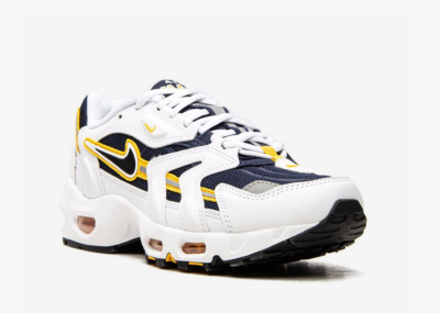 Air Max 96 II sneakers The Nike Air Max 96 II feature a white, black, and 'Midnight Navy' colour combination. First, the pair features navy mesh on the upper while white leather adorns the overlays. Following a 'Golden Yellow' around the Swoosh, running across the sides, and tongue branding. Finishing the look, white colour appears on the midsole and black on the rubber outsole.
