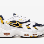 Air Max 96 II sneakers The Nike Air Max 96 II feature a white, black, and 'Midnight Navy' colour combination. First, the pair features navy mesh on the upper while white leather adorns the overlays. Following a 'Golden Yellow' around the Swoosh, running across the sides, and tongue branding. Finishing the look, white colour appears on the midsole and black on the rubber outsole.