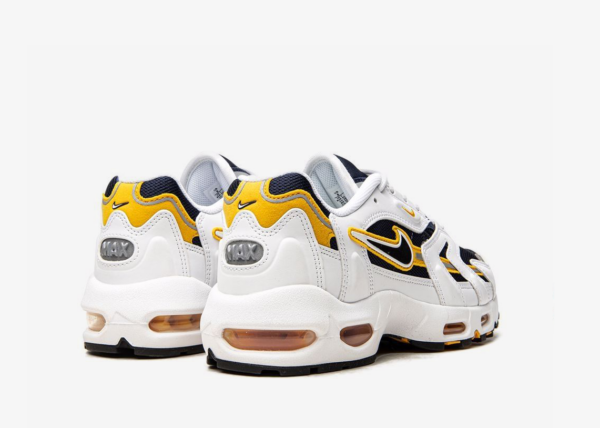 Air Max 96 II sneakers The Nike Air Max 96 II feature a white, black, and 'Midnight Navy' colour combination. First, the pair features navy mesh on the upper while white leather adorns the overlays. Following a 'Golden Yellow' around the Swoosh, running across the sides, and tongue branding. Finishing the look, white colour appears on the midsole and black on the rubber outsole.