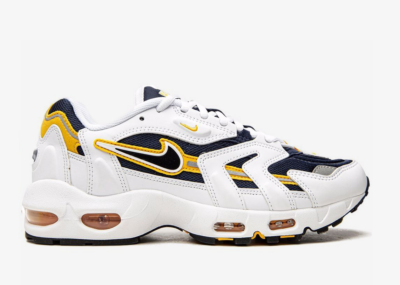 Air Max 96 II sneakers The Nike Air Max 96 II feature a white, black, and 'Midnight Navy' colour combination. First, the pair features navy mesh on the upper while white leather adorns the overlays. Following a 'Golden Yellow' around the Swoosh, running across the sides, and tongue branding. Finishing the look, white colour appears on the midsole and black on the rubber outsole.