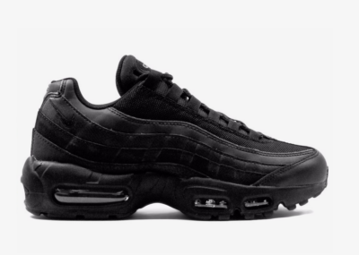 Nike Air Max 95 Essential "Triple Black" sneakers The Nike Air Max 95 Essential is inspired by the human body. The midsole represents the spine, graduated panels are the muscles, the lace loops are the shoe's ribs and the mesh on the upper is the skin. Highlights  black  leather  signature Swoosh logo detail  round toe  front lace-up fastening  logo patch at the tongue  branded insole  rubber sole with Max Air cushioning  These styles are supplied by a premium sneaker marketplace. Stocking only the most sought-after footwear, they source and curate some of the most hard to find sneakers from around the world.